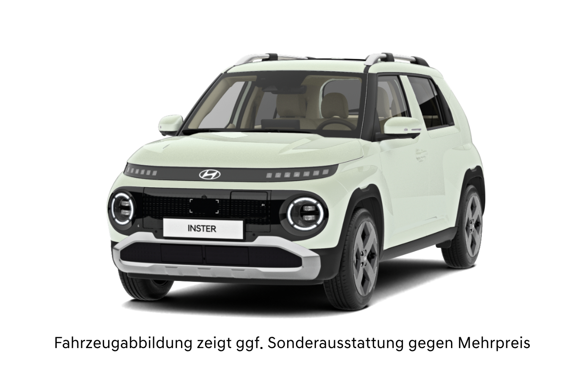 Ein hellgrüner Hyundai Inster auf weißem Hintergrund