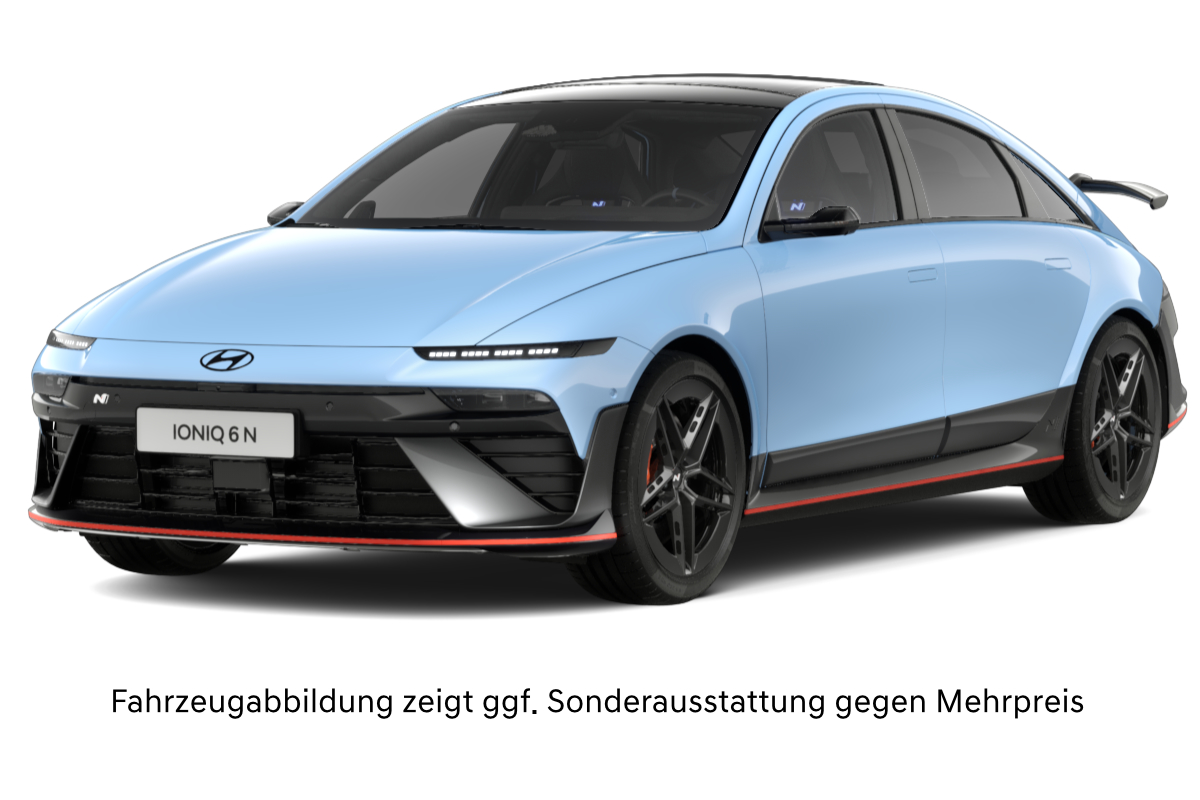 Ein Blaue Ioniq 6N aud weißem Hintergrund