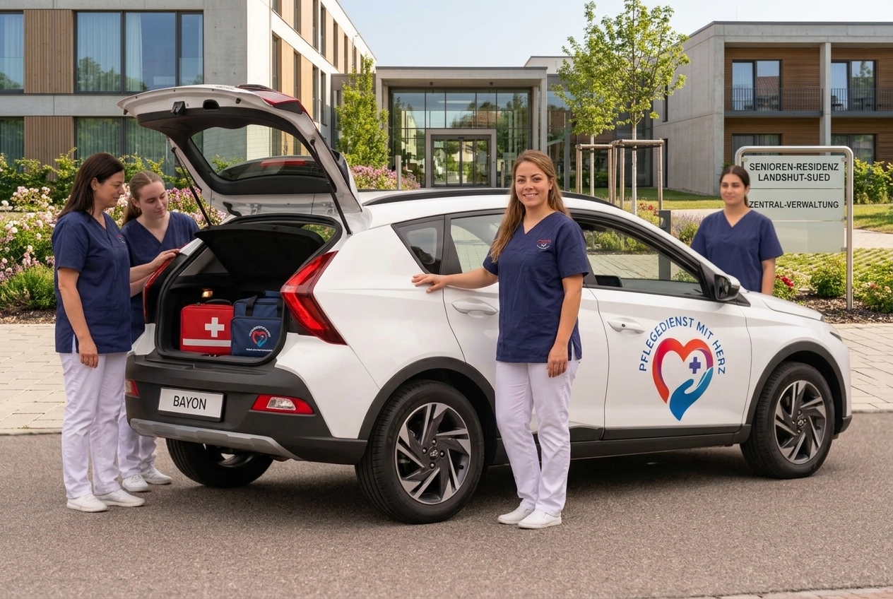 Weißer Hyundai BAYON mit drei medizinischen Fachkräften