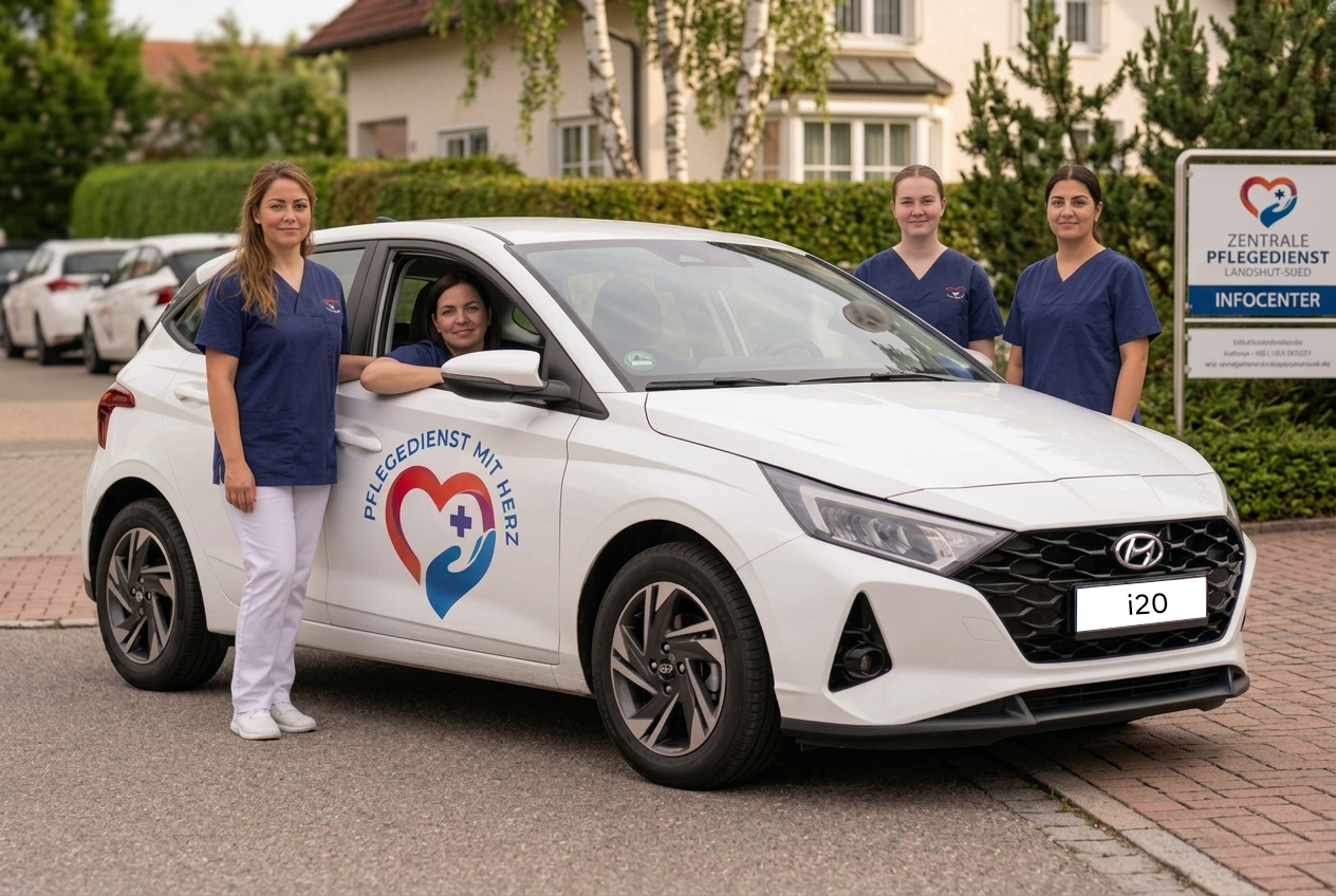 Ein weißer Hyundai i20 mit drei Personen in medizinischer Arbeitskleidung vor einem modernen Bürogebäude