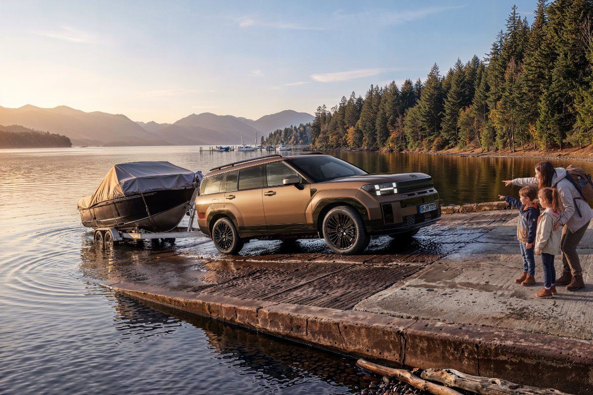 grauer Hyundai SANTA FE Plug-In-Hybrid vor einer Bergkulissev